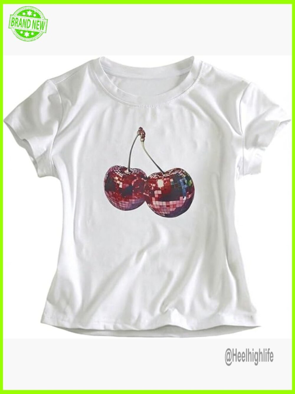 White Short-Sleeve Tee with Disco Cherry Graphic